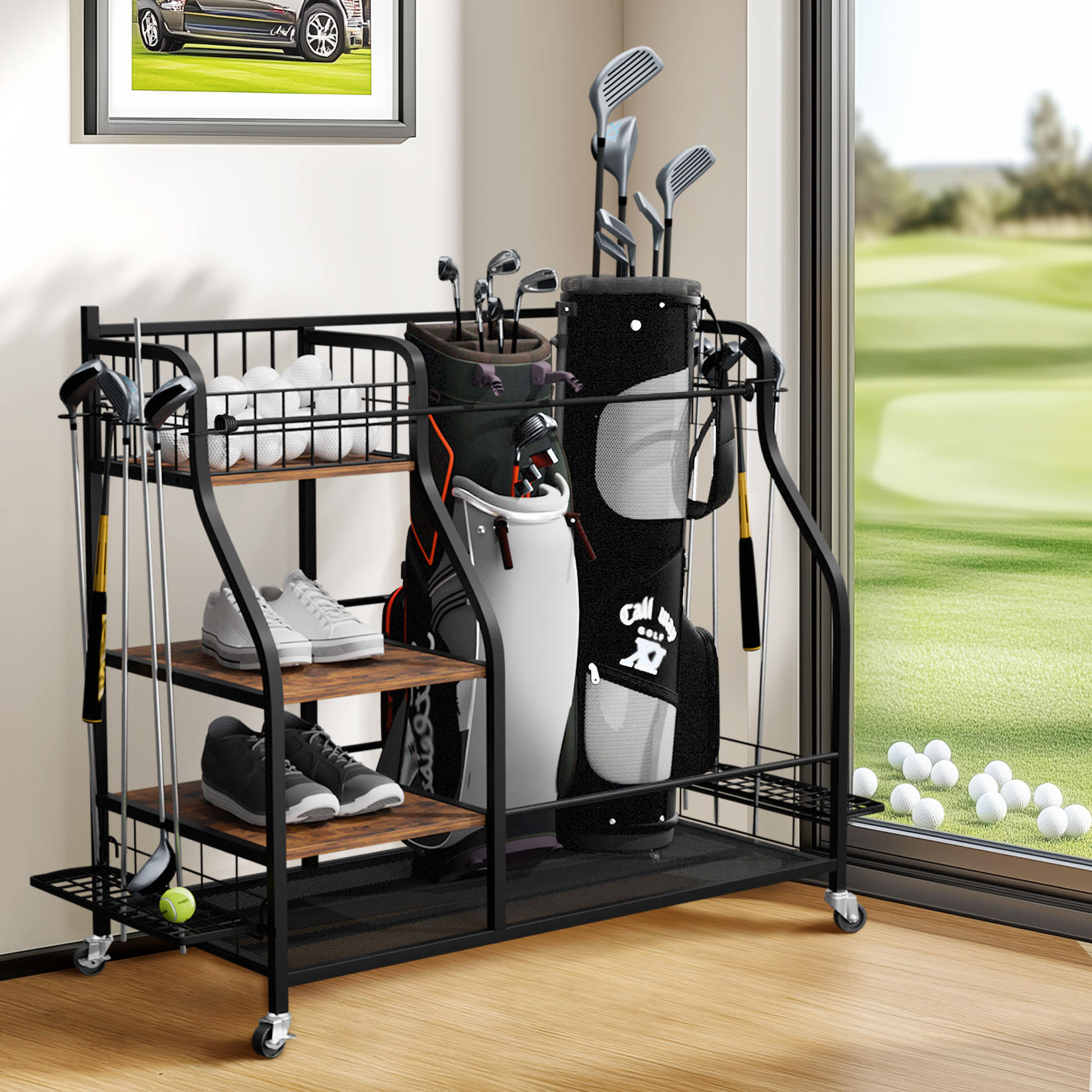 Golf Equipment Organizer For Garage - Rolling Golf Storage Rack Garage Organizer