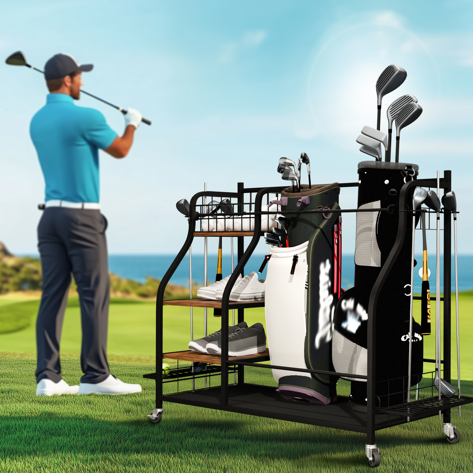 Rolling Golf Storage Rack Gara - Golf Equipment Organizer For Garage incelemesi ve fiyatı